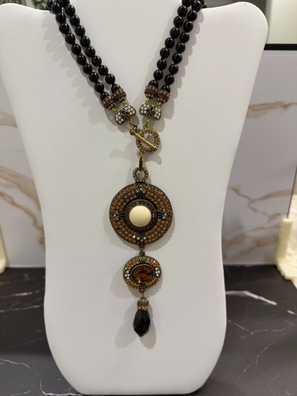 Heidi Daus Triple Strand Beaded Drop Statement Necklace Black Amber Crystal